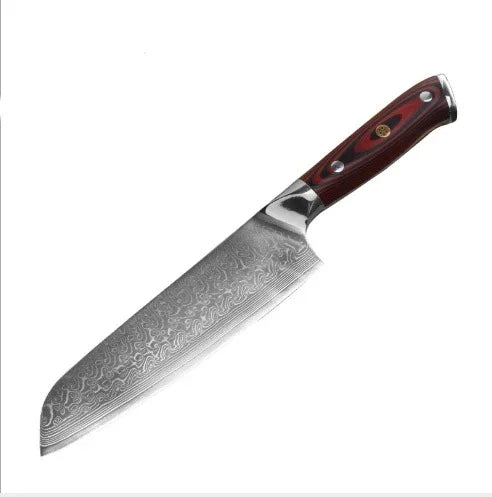 Damascus steel chef knife with intricate blade pattern and dark wood handle, professional kitchen tool