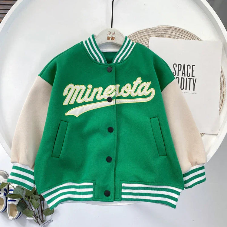 Green varsity jacket with cream sleeves, snap buttons, striped ribbed cuffs, relaxed fit