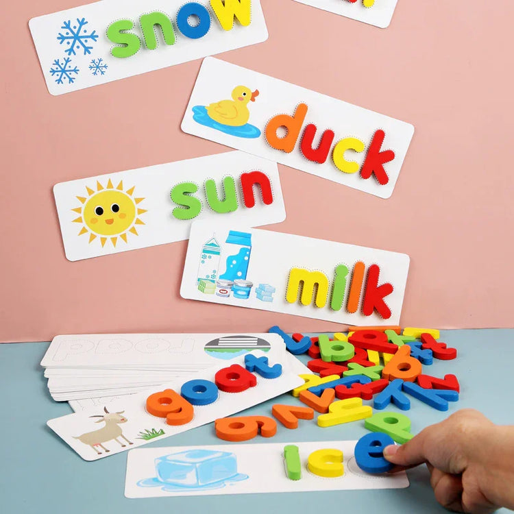 Colorful foam letter cards for kids spelling duck, snow, sun, milk, goat, and ice.
