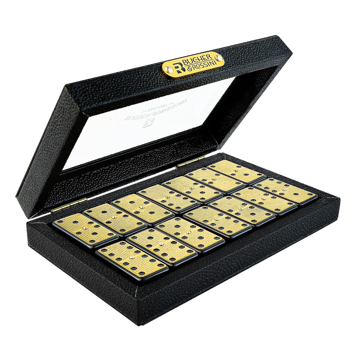 Bucher&Rossini Dominoes Set Double 6 - Claasic Black Domino's Game Set with Metal Surface for Adults and Kids Idea Gift Present for Domino Players or Family Game Night