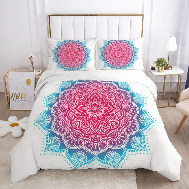 Boho mandala bedding set with vivid pink, purple, and blue patterns on white, soft material