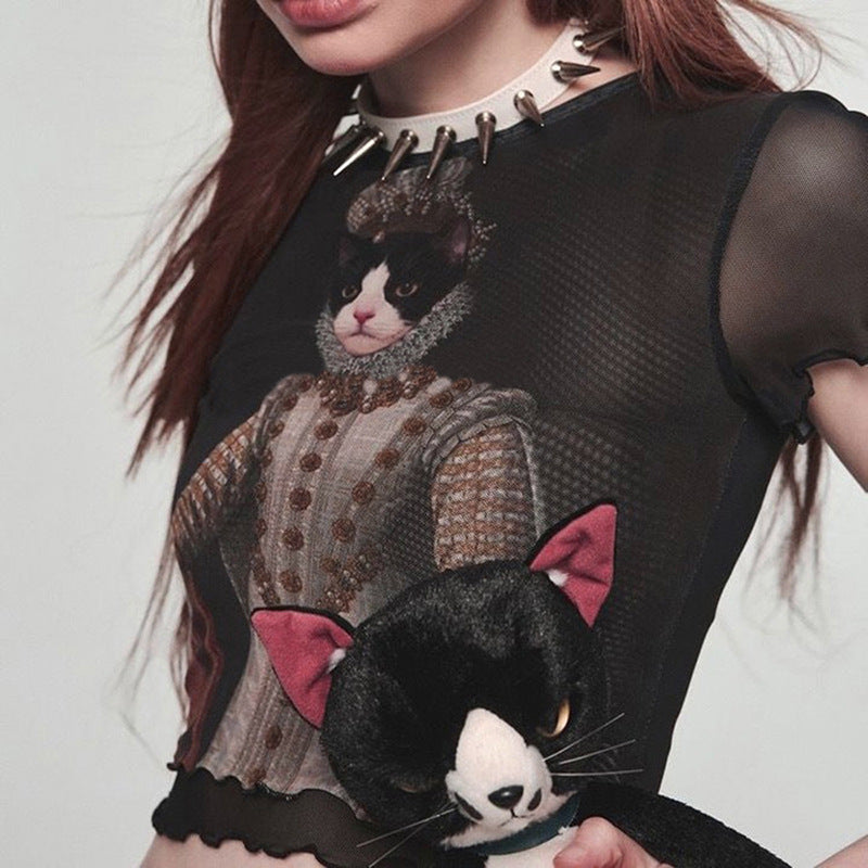 Hot Girl Style Cat Printing Mesh Polyester Top Women's Clothing