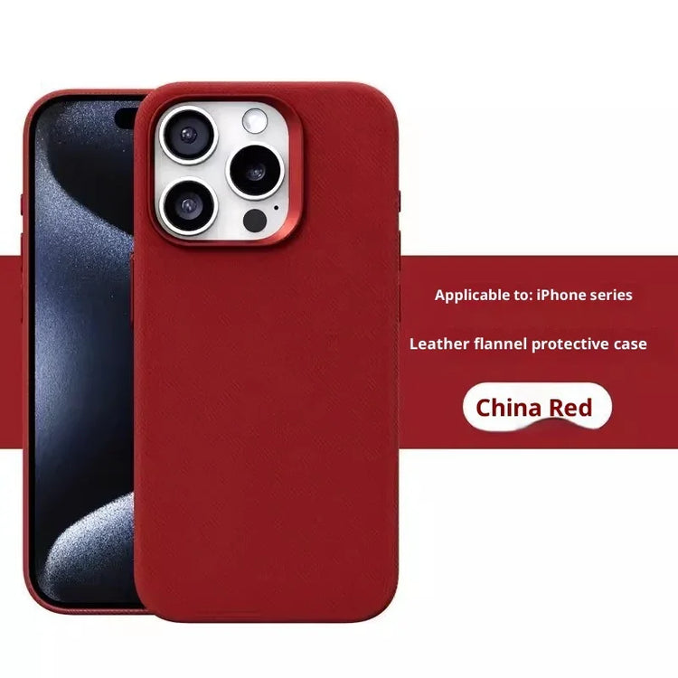 Red leather flannel iPhone case with precise camera cutouts, slim fit design.