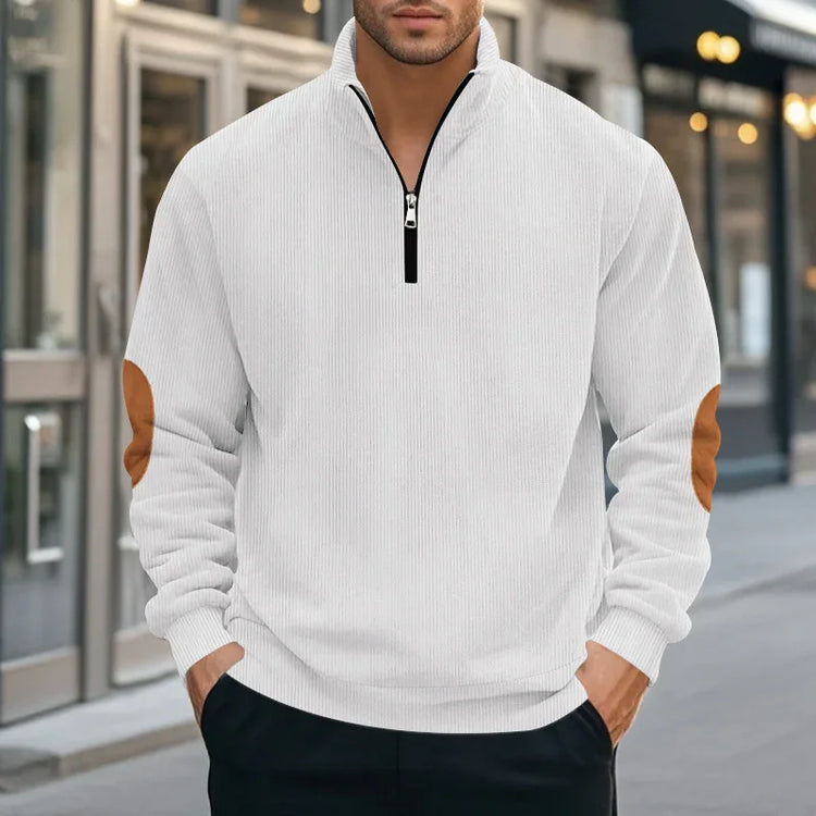 Men’s white half-zip pullover with ribbed texture, relaxed fit, and brown elbow patches