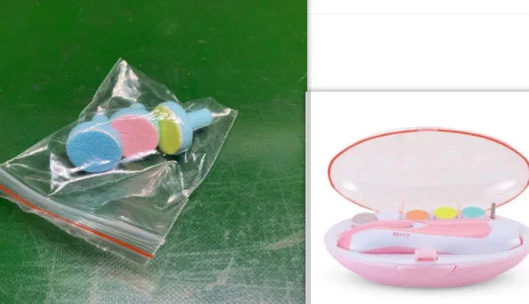 Set of pastel-colored nail care tools with a pink plastic case, compact and portable design