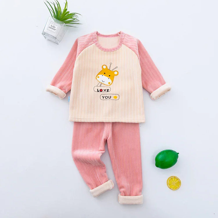 Pink and cream long-sleeve toddler pajama set with soft fabric and cute animal graphic