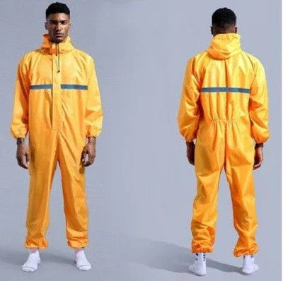 Man wearing yellow full-body streetwear jumpsuit with reflective stripe, relaxed fit