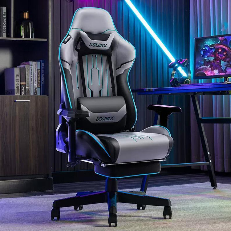 Futuristic grey and black ergonomic gaming chair with adjustable armrests and lumbar support
