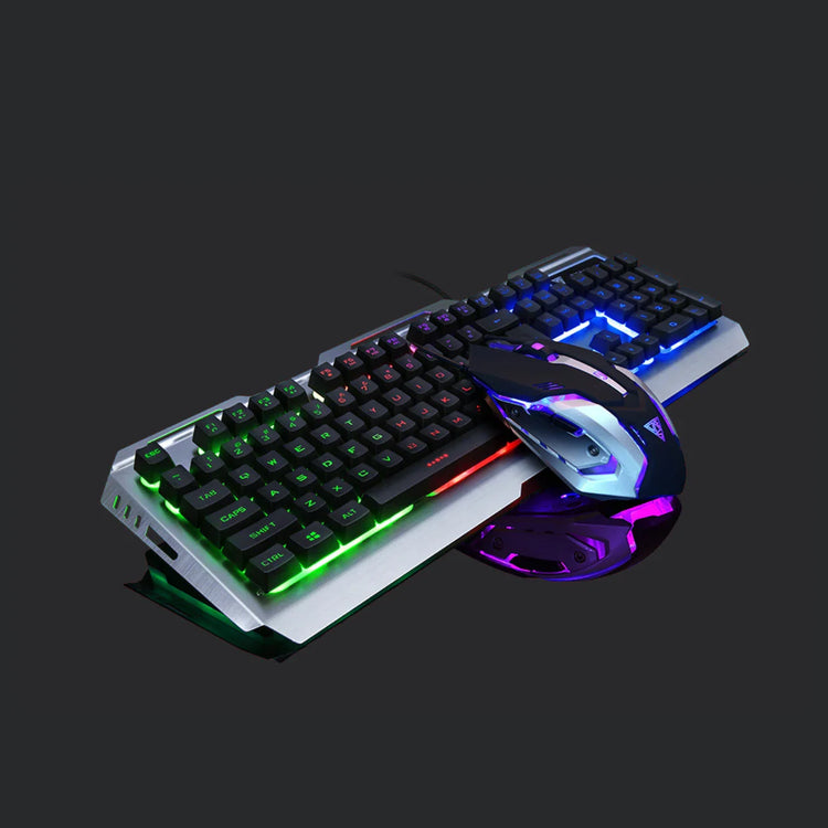 RGB backlit gaming keyboard and mouse set with black keys and metallic silver base on dark background