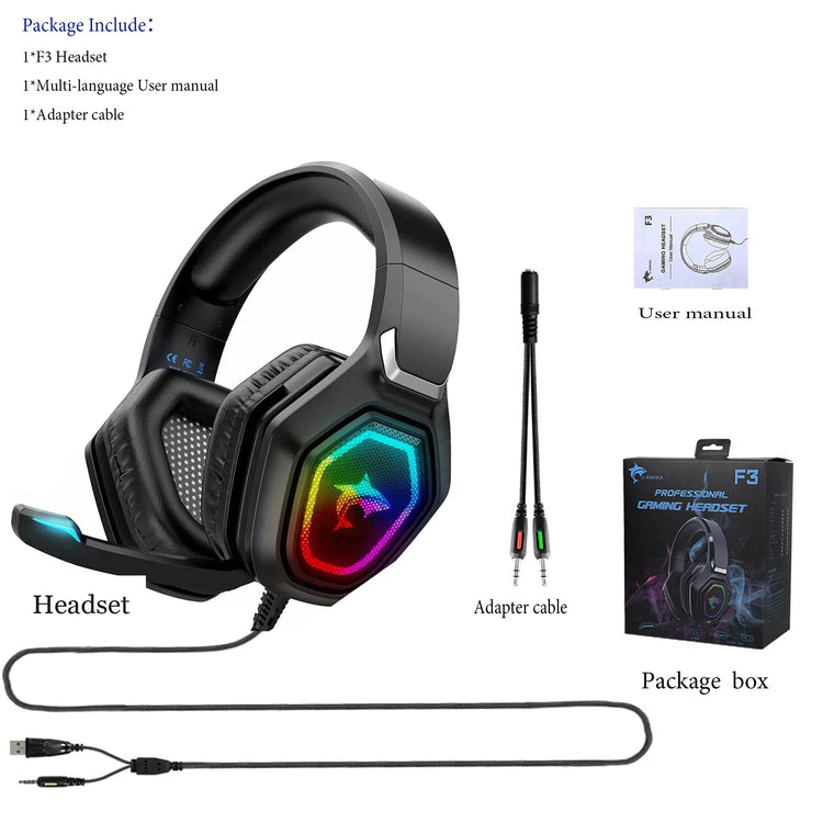 Black over-ear gaming headset with rainbow LED lights, adjustable mic, USB and audio adapter, user manual, and product box.