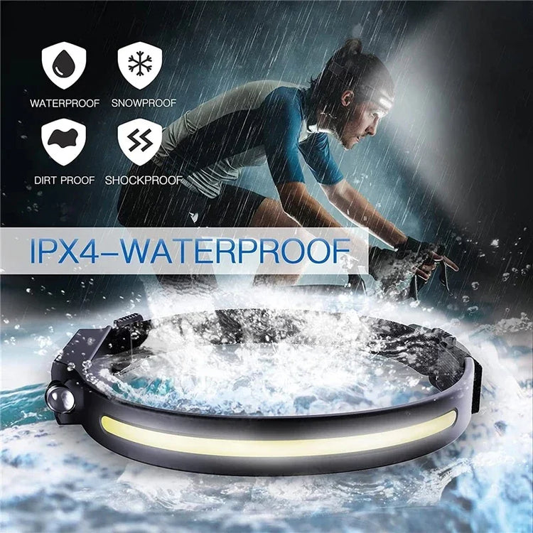 Cyclist wearing a fitted short sleeve athletic top in rain, showcasing waterproof headlamp