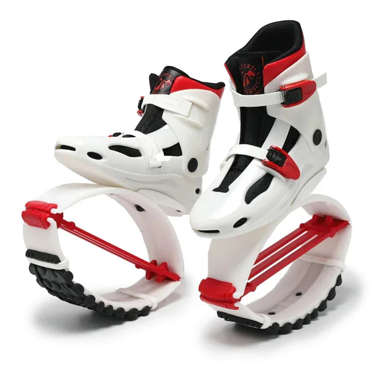 White and red futuristic jump shoes with curved soles and adjustable straps for active wear