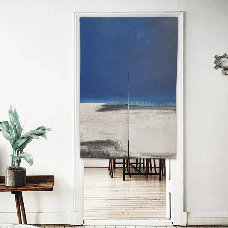 Minimalist abstract door curtain with blue, beige, and grey tones in a modern interior.
