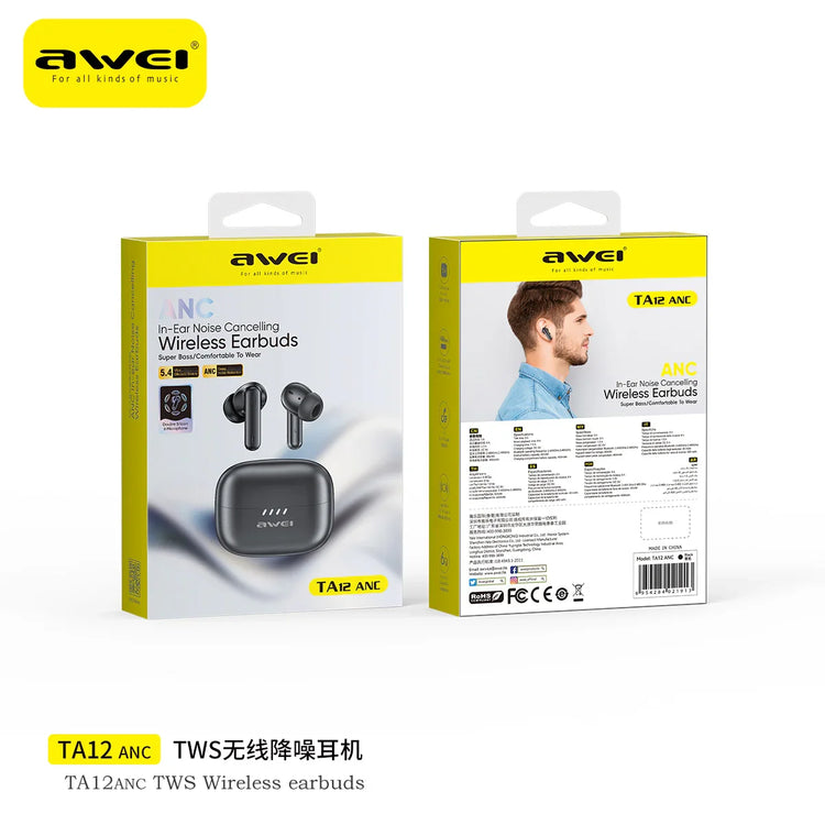 Awei TA12 ANC wireless earbuds packaging, featuring black earbuds with charging case, noise cancelling feature, and product details on a white and yellow box.