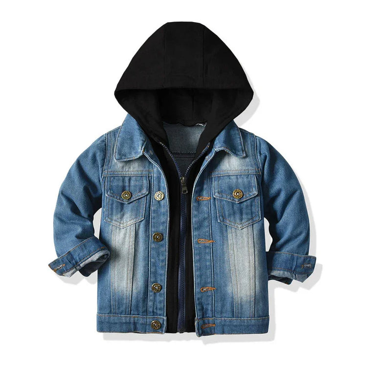 Blue denim jacket with black hood, button front, chest pockets, casual streetwear style