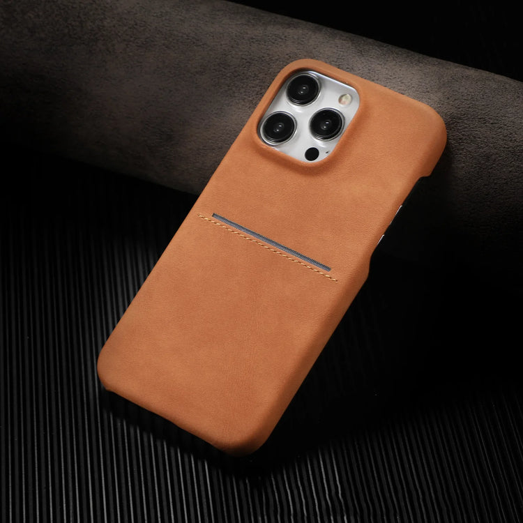 Brown leather phone case with slim fit and card slot, minimalist modern design