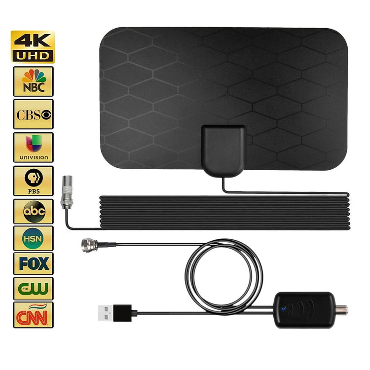 Black rectangular indoor TV antenna with hexagonal pattern, long coaxial cable, and USB adapter, flat modern design, shown with channel icons on the side.