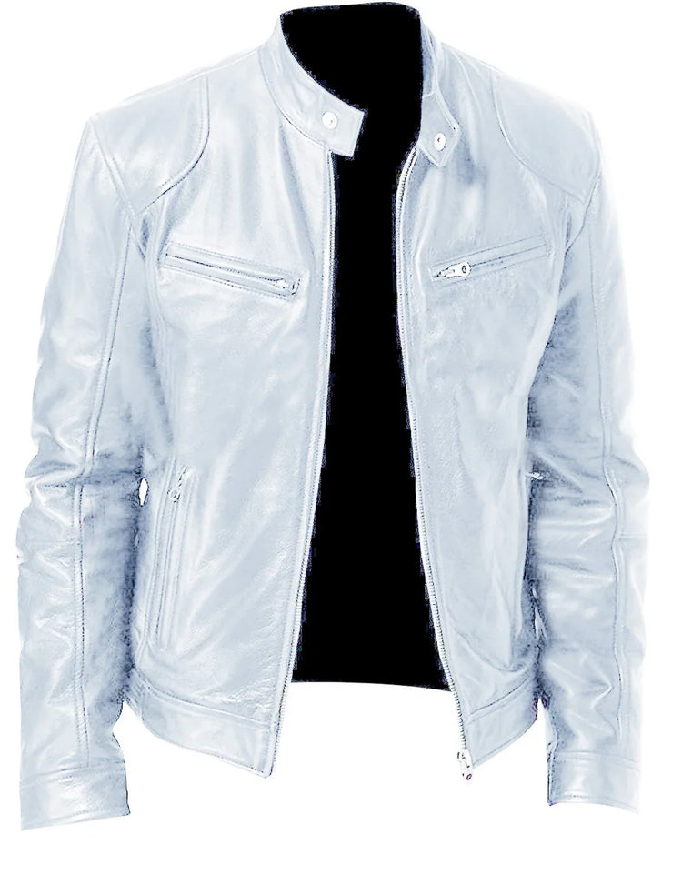 Slim fit light blue leather jacket with zipper pockets and stand collar