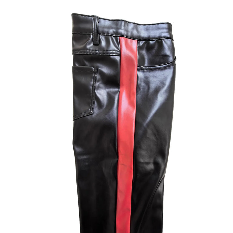 Black faux leather pants with a red side stripe, slim fit streetwear style