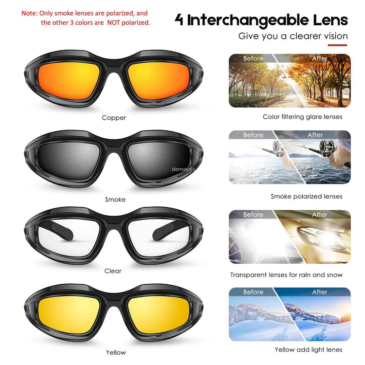 Sport sunglasses with four interchangeable lenses in copper, smoke, clear, and yellow colors.