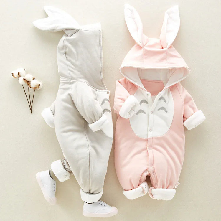 Soft cotton baby romper with bunny ear hood, pastel pink and grey, cozy loose fit
