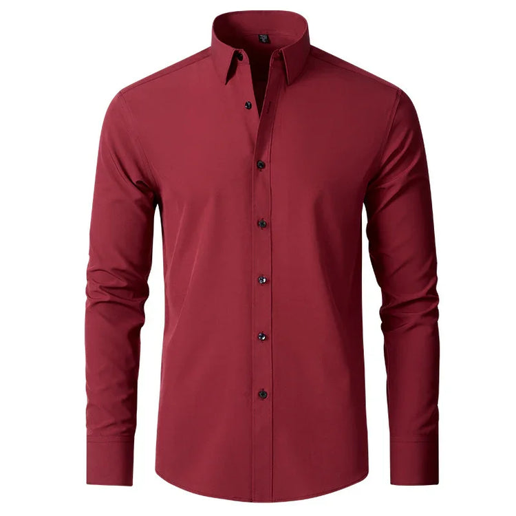 Slim fit long sleeve burgundy dress shirt with button-up front and spread collar