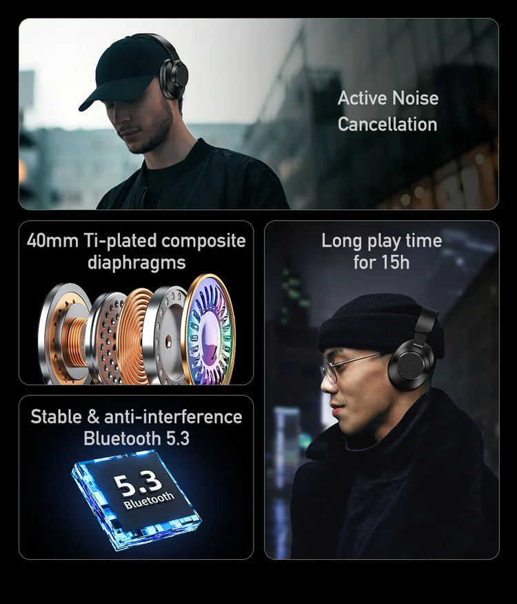 Modern streetwear outfits in dark bomber jackets and beanies, worn with over-ear headphones.