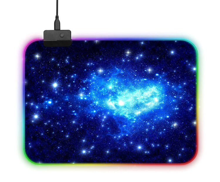 RGB LED mouse pad with blue galaxy print, soft surface and vibrant color lights on edges