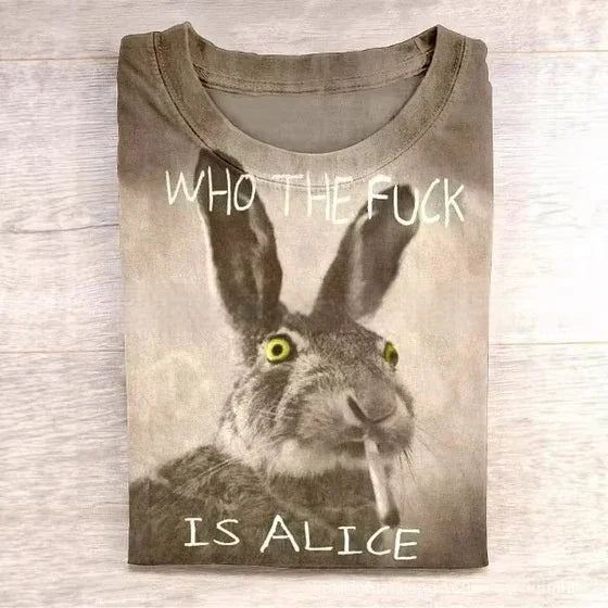 Folded graphic t-shirt featuring a realistic rabbit with a cigarette and bold text, brown color, relaxed fit.