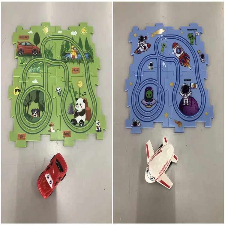 Puzzle playmats with colorful track designs, one with animals and a car, one with space and a plane.