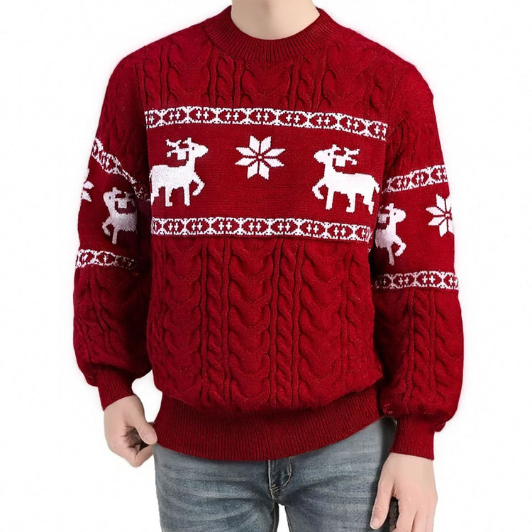 Red cable knit sweater with white reindeer and snowflake pattern, relaxed fit