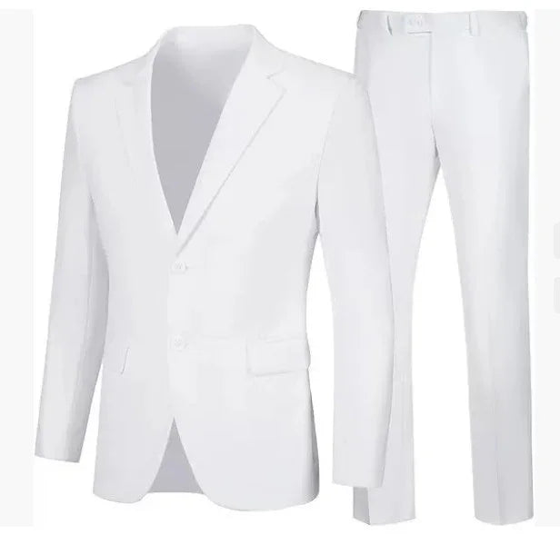 White slim-fit suit set with blazer and trousers, modern tailored style.