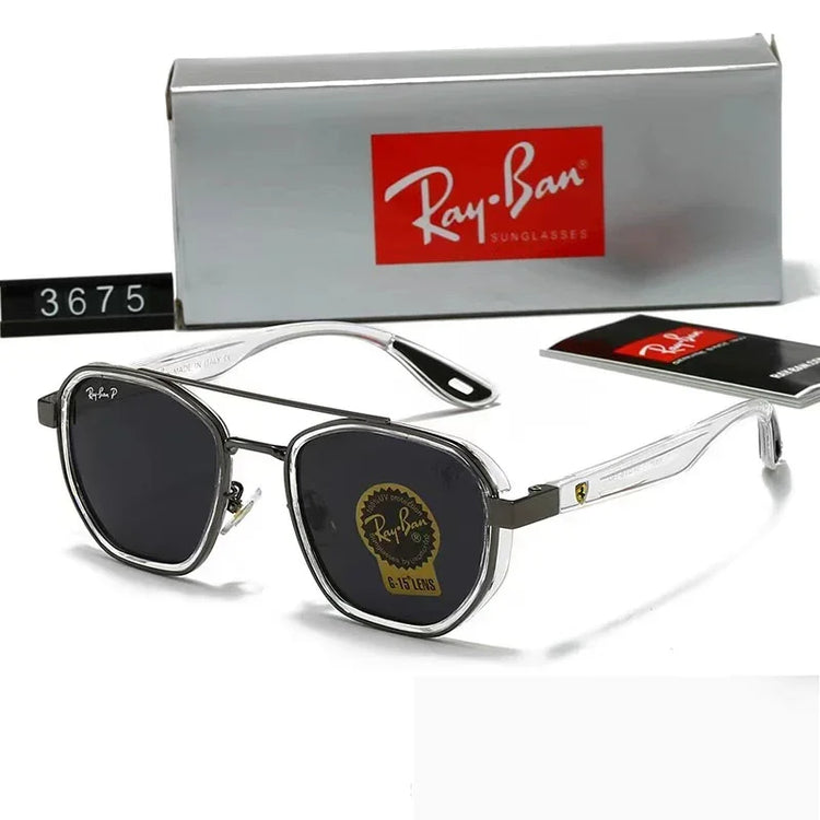 Hexagonal black lens sunglasses with clear frame and metal temples, modern streetwear accessory