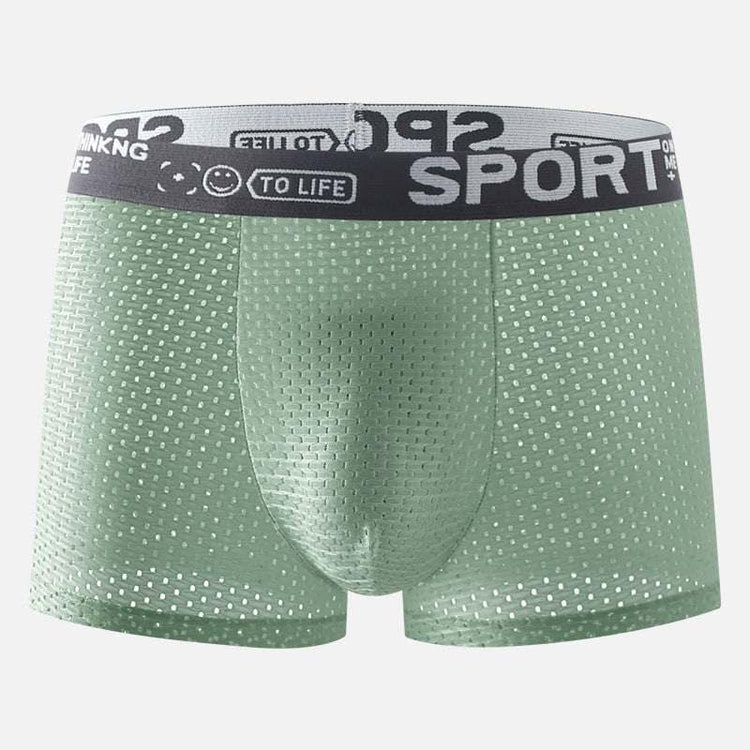 Light green breathable mesh boxer briefs with black elastic waistband, sporty fit