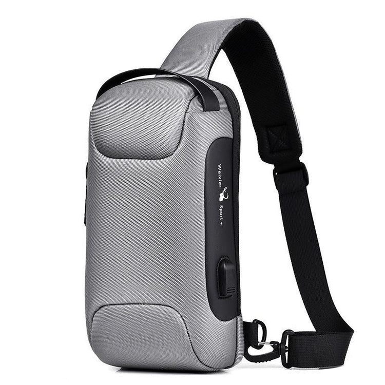 Modern grey crossbody sling bag with adjustable strap and durable textured material