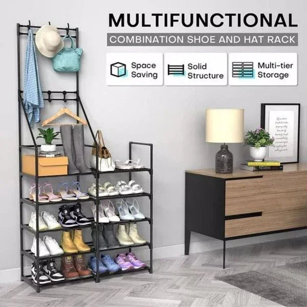 Multifunctional metal shoe and hat rack in black with multi-tier storage, holding shoes, hats, bags, and scarves.