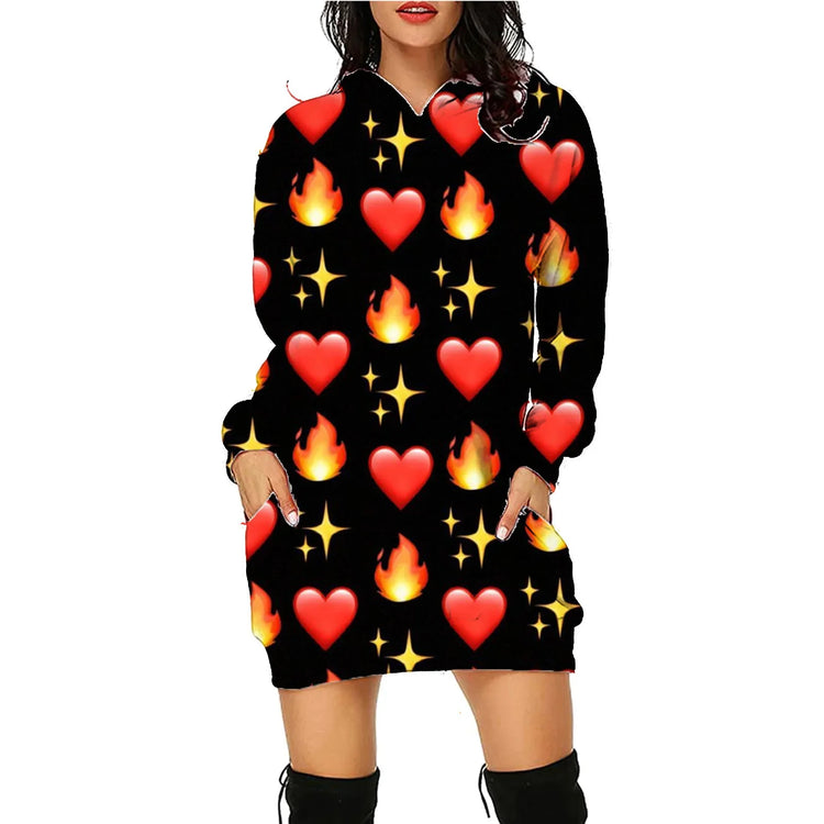 Black long-sleeve hoodie dress with red heart, flame, and star emoji print, relaxed fit