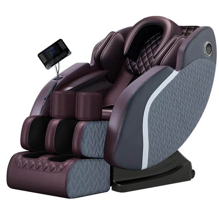 Futuristic massage chair in maroon and grey with quilted texture and electronic control panel