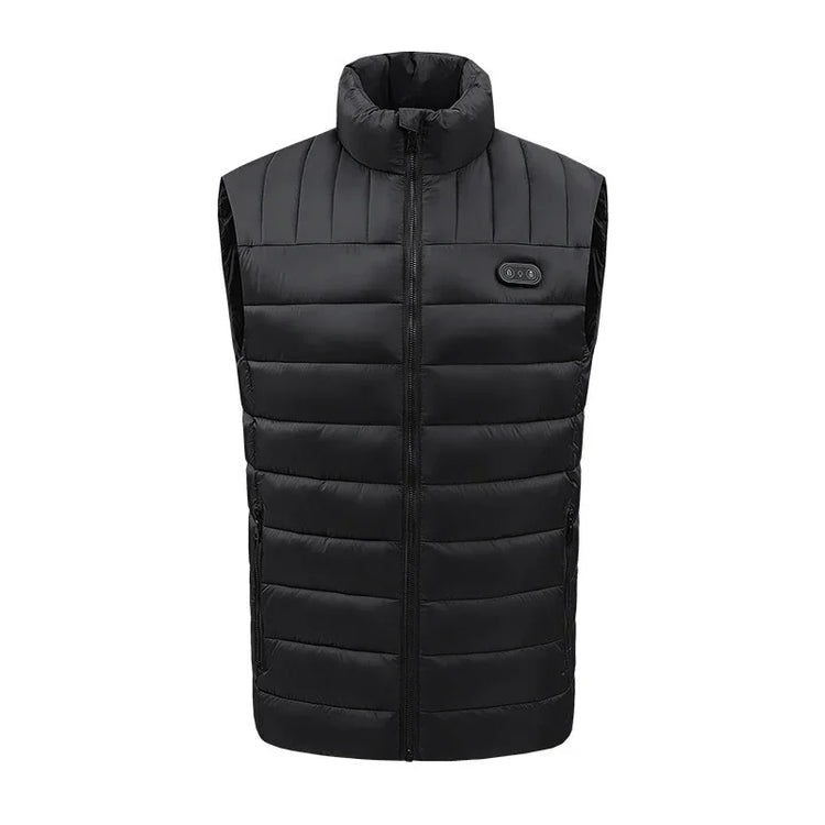 Sleek black puffer vest with high collar, zip front, quilted design, and lightweight fit