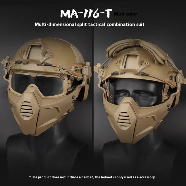 Mud color split tactical face mask and goggles set with futuristic design and adjustable fit
