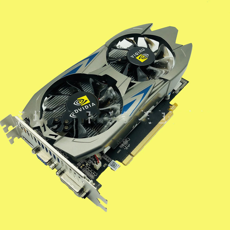 Silver and black dual-fan graphics card with blue accents on yellow background