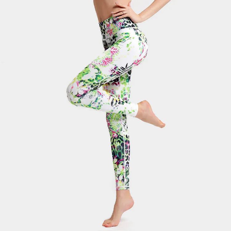 High-waisted floral print leggings in green, pink, and white, slim fit, stretchy material