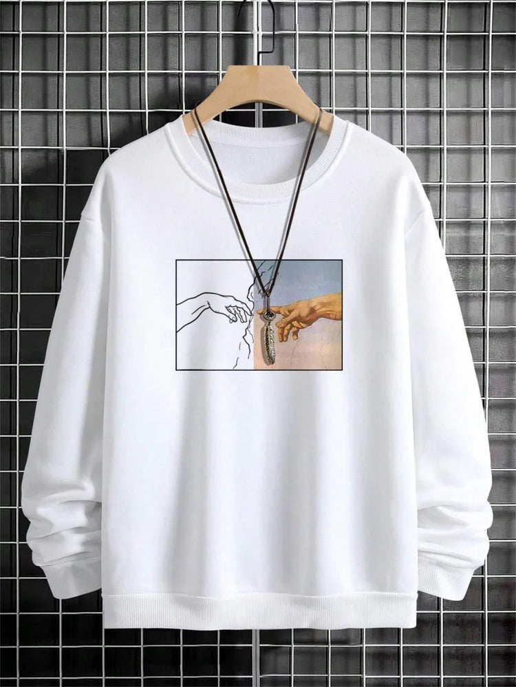 White crewneck sweatshirt with artistic graphic print and relaxed fit, displayed on hanger.