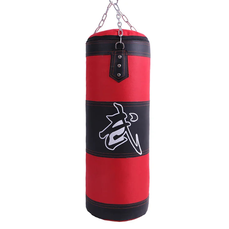 Red and black hanging punching bag with white graphic, durable synthetic leather material