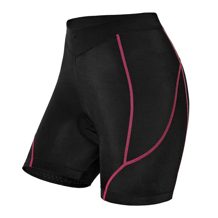 Black athletic shorts with pink stitching, form-fitting, made of stretch fabric