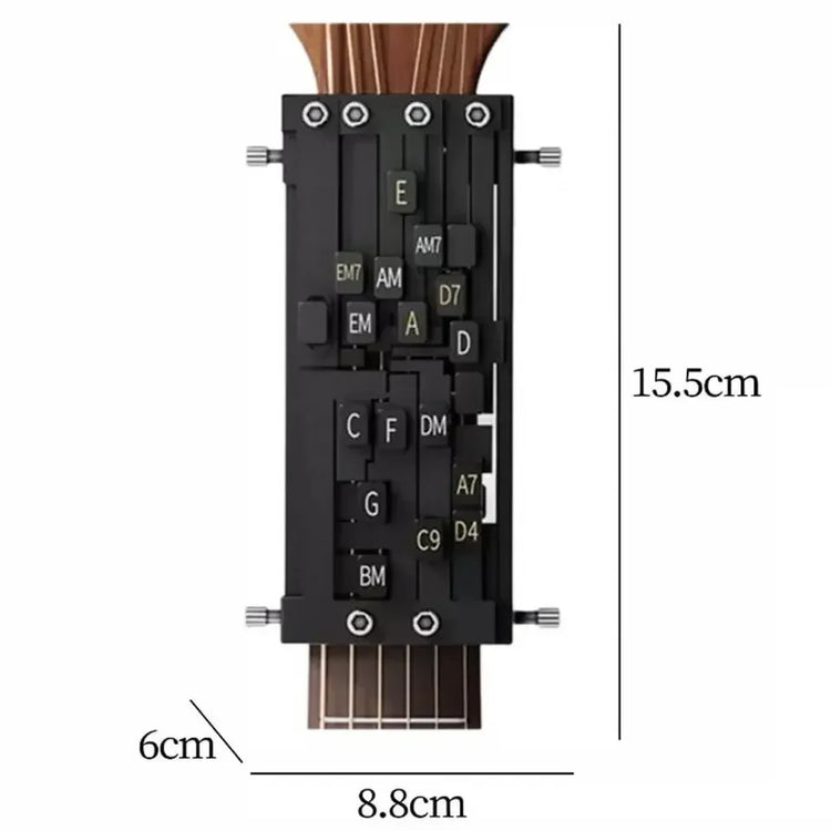 Black plastic guitar chord training device with labeled buttons, attached to guitar neck, dimensions 15.5cm by 8.8cm