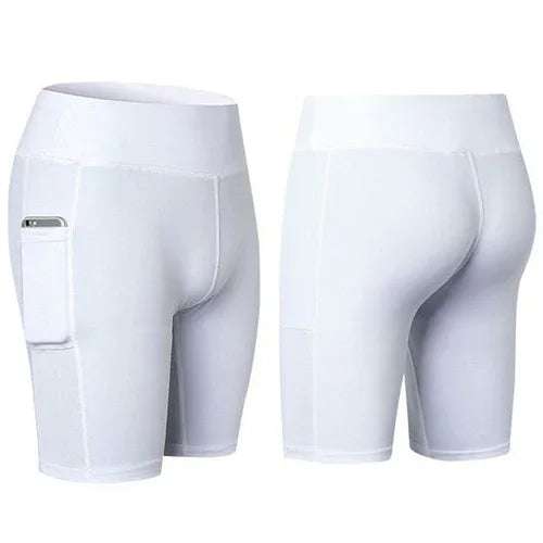 White high-waisted biker shorts with side pocket, stretchy fit, smooth fabric, front and back view