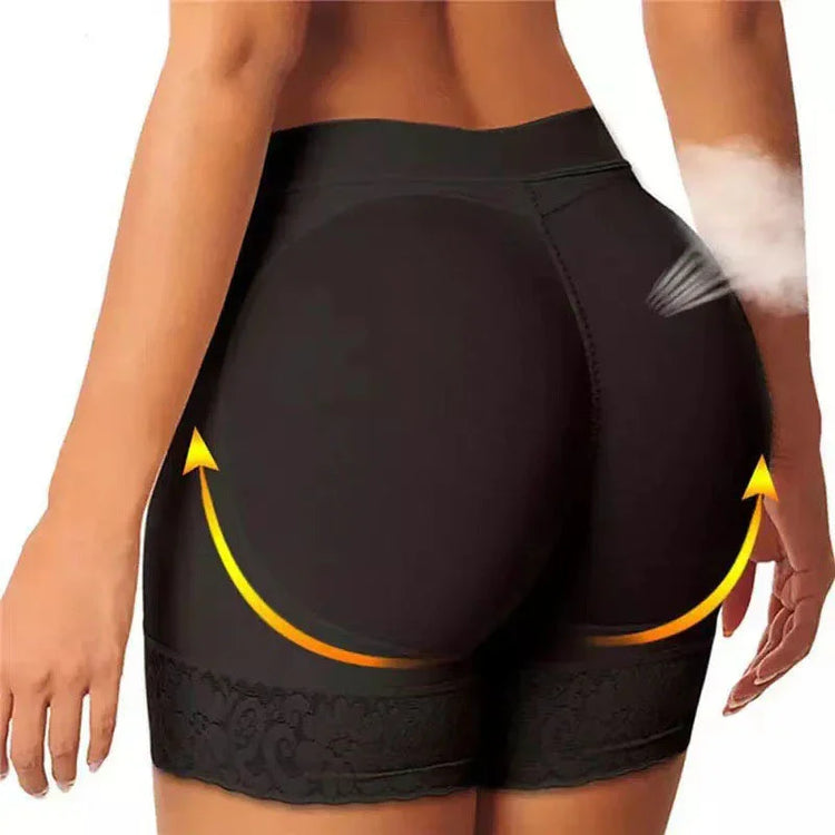 High-waisted black shaping shorts with lace trim, stretchy material, and body-enhancing fit