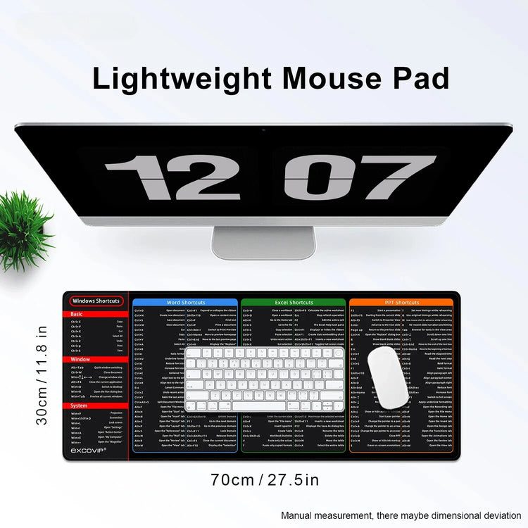 Large black mouse pad with printed keyboard shortcuts, placed under a keyboard and mouse on a desk with a monitor.
