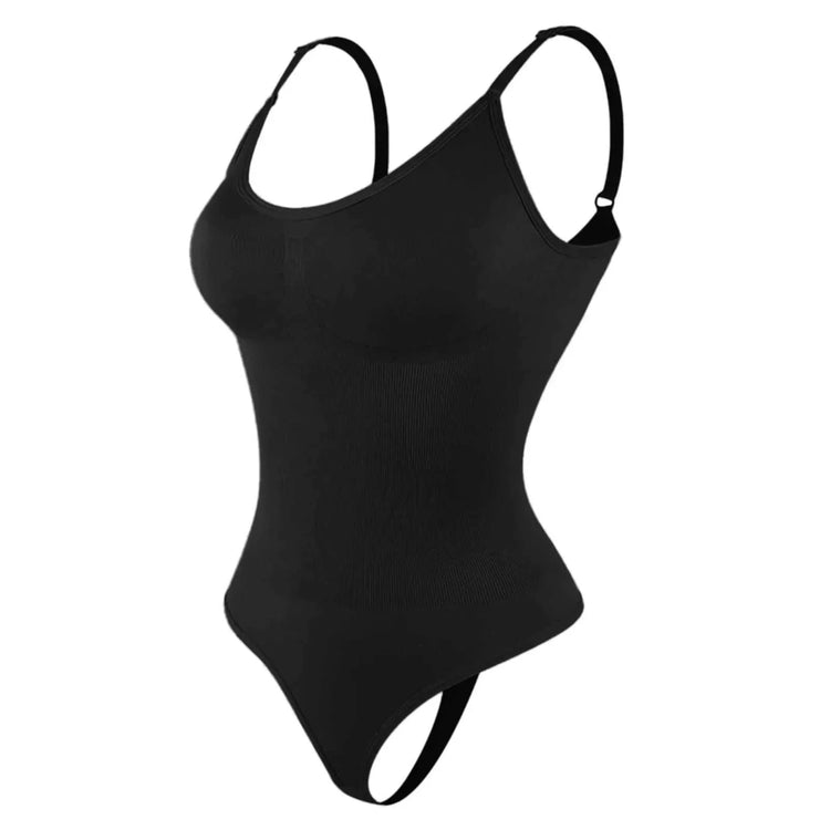 Black seamless bodysuit with adjustable straps and fitted stretch fabric
